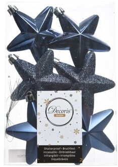 Decoris kersthanger sterren - 6x st - donkerblauw - 7 cm - kunststof - kerstornamenten