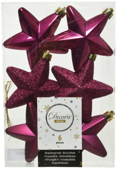 Decoris kersthanger sterren - 6x st - framboos roze - 7 cm - kunststof - kerstornamenten Donkerroze