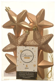 Decoris kersthanger sterren - 6x st - lichtbruin - 7 cm - kunststof - kerstornamenten