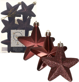 Decoris kersthanger sterren - 6x st - mahonie bruin - 7 cm - kunststof - kerstornamenten