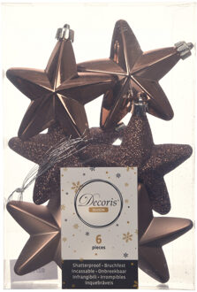 Decoris kersthanger sterren - 6x st - walnoot bruin - 7 cm - kunststof - kerstornamenten Chocolate brown