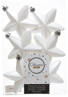 Decoris kersthanger sterren - 6x st - wit - 7 cm - kunststof - kerstornamenten