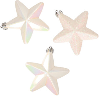 Decoris kersthanger sterren - 6x st - wit parelmoer - 7 cm - kunststof - kerstornamenten