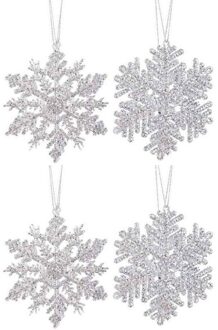 Decoris Kersthangers - 4x - zilver - sneeuwvlok/ster - 12 cm - Sneeuw thema kerstboomhangers