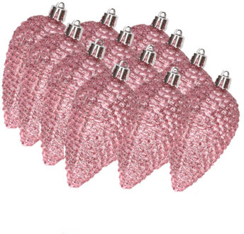 Decoris Kersthangers dennenappels - 12x st - lippenstift roze - glitter - 8 cm - kunststof - kerstversiering