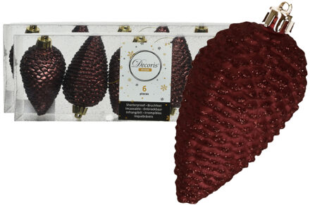 Decoris Kersthangers dennenappels - 12x st - mahonie bruin - glitter - 8 cm - kunststof - kerstversiering