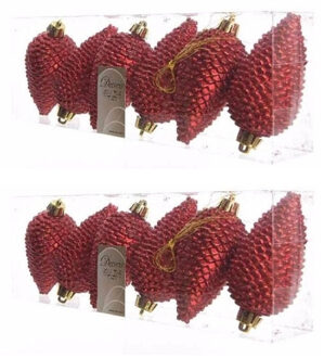 Decoris Kersthangers dennenappels - 12x st - rood - glitter - 8 cm - kunststof - kerstversiering