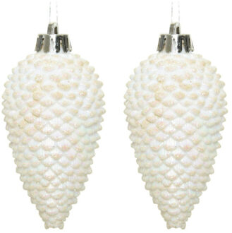 Decoris Kersthangers dennenappels - 12x st - wit parelmoer - glitter - 8 cm - kunststof - kerstversiering