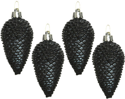 Decoris Kersthangers dennenappels - 12x st - zwart - glitter - 8 cm - kunststof - kerstversiering