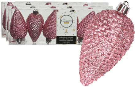Decoris Kersthangers dennenappels - 18x st - lippenstift roze - glitter - 8 cm - kunststof - kerstversiering