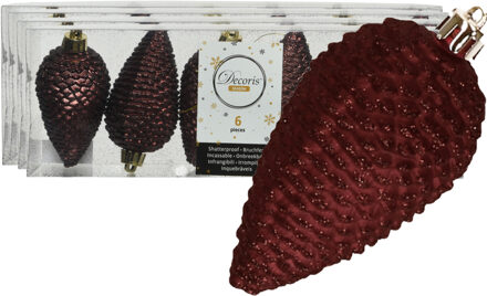 Decoris Kersthangers dennenappels - 24x st - mahonie bruin - glitter - 8 cm - kunststof - kerstversiering