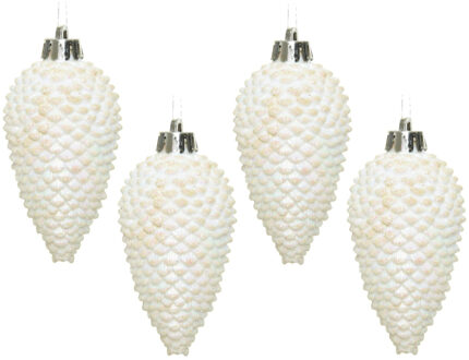 Decoris Kersthangers dennenappels - 24x st - wit parelmoer - glitter - 8 cm - kunststof - kerstversiering