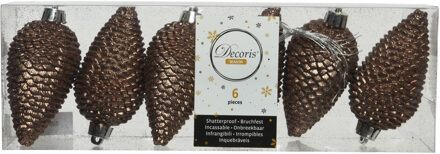 Decoris Kersthangers dennenappels - 6x st - bruin - glitter - 8 cm - Kersthangers