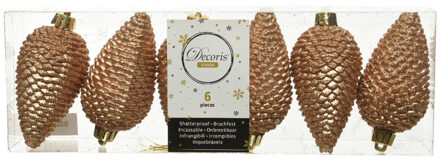 Decoris Kersthangers dennenappels - 6x st - camel - glitter - 8 cm - Kersthangers Bruin