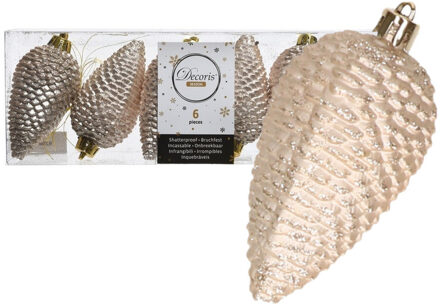 Decoris Kersthangers dennenappels - 6x st - champagne - glitter - 8 cm - kunststof - kerstversiering