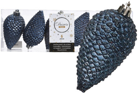 Decoris Kersthangers dennenappels - 6x st - donkerblauw - glitter - 8 cm - kunststof - kerstversiering