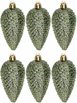 Decoris Kersthangers dennenappels - 6x st - donkergroen - glitter - 8 cm - kunststof - kerstversiering