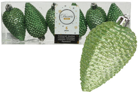 Decoris Kersthangers dennenappels - 6x st - groen - glitter - 8 cm - kunststof - kerstversiering