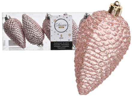 Decoris Kersthangers dennenappels - 6x st - lichtroze - glitter - 8 cm - kunststof - kerstversiering