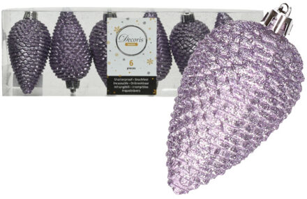 Decoris Kersthangers dennenappels - 6x st - lila paars - glitter - 8 cm - kunststof - kerstversiering