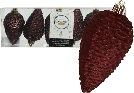 Decoris Kersthangers dennenappels - 6x st - mahonie bruin - glitter - 8 cm - kunststof - kerstversiering