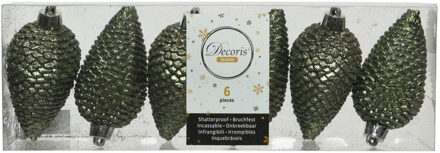 Decoris Kersthangers dennenappels - 6x st - mosgroen - glitter - 8 cm - kunststof - kerstversiering