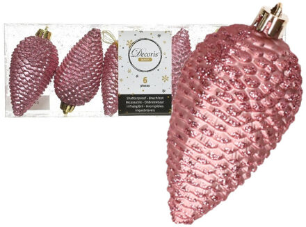 Decoris Kersthangers dennenappels - 6x st - oudroze - glitter - 8 cm - kunststof - kerstversiering