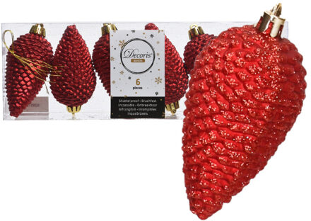 Decoris Kersthangers dennenappels - 6x st - rood - glitter - 8 cm - kunststof - kerstversiering