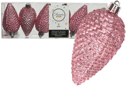 Decoris Kersthangers dennenappels - 6x st - roze - glitter - 8 cm - Kersthangers