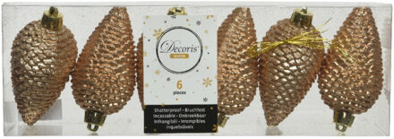 Decoris Kersthangers dennenappels - 6x st - toffee bruin - glitter - 8 cm - kunststof - kerstversiering