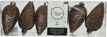 Decoris Kersthangers dennenappels - 6x st - walnoot bruin - glitter - 8 cm - kunststof - kerstversiering