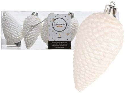 Decoris Kersthangers dennenappels - 6x st - wit parelmoer - glitter - 8 cm - kunststof - kerstversiering