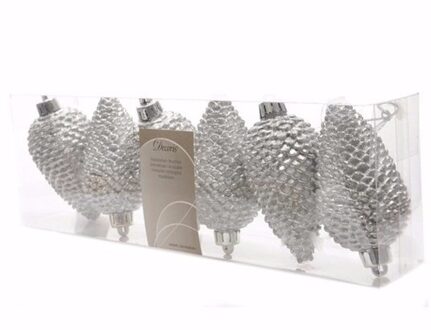 Decoris Kersthangers dennenappels - 6x st - zilver - glitter - 8 cm - kunststof - kerstversiering