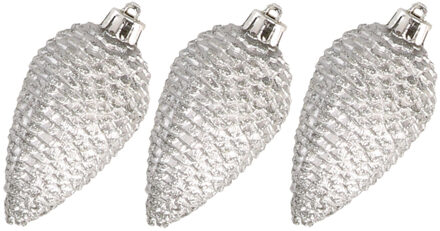 Decoris Kersthangers dennenappels - 6x st - zilver - glitter - 8 cm - kunststof - kerstversiering