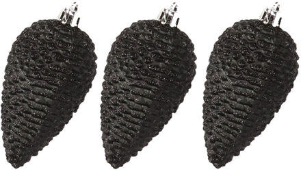 Decoris Kersthangers dennenappels - 6x st - zwart - glitter - 8 cm - kunststof - kerstversiering