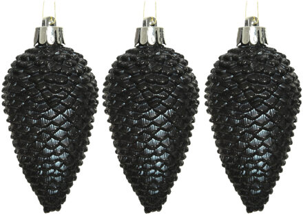 Decoris Kersthangers dennenappels - 6x st - zwart - glitter - 8 cm - kunststof - kerstversiering
