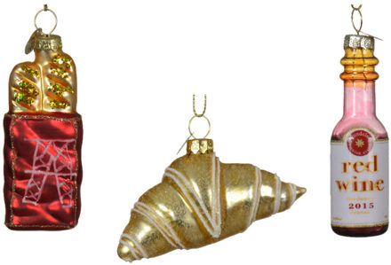 Decoris Kersthangers Frans thema - 3x stuks - glas - stokbrood, croissant, rode wijn - ornamenten
