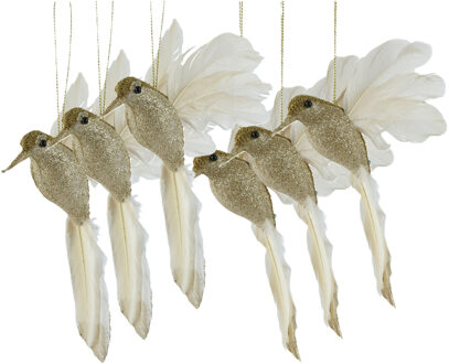 Decoris Kersthangers Kolibries vogeltjes - 6x st - goud - 8 x 12 x 2,5 cm - foam - kerstboomversiering