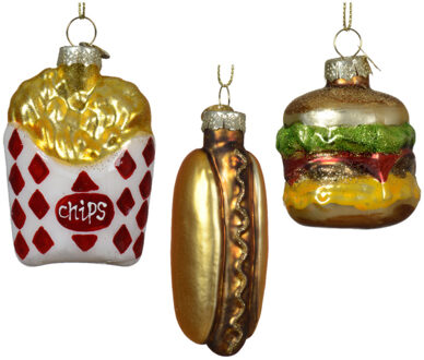 Decoris Kersthangers snacks - 3x stuks - goud - glas - patat - hotdog - hamburger kerstornamenten Goudkleurig