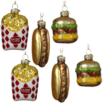 Decoris Kersthangers snacks - 6x stuks - goud - glas - patat - hotdog - hamburger kerstornamenten?