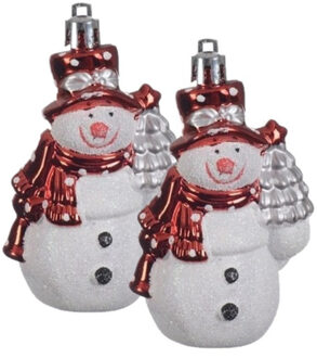 Decoris Kersthangers sneeuwpoppen - 2x st - 8 cm - kunststof - kerstornamenten Rood