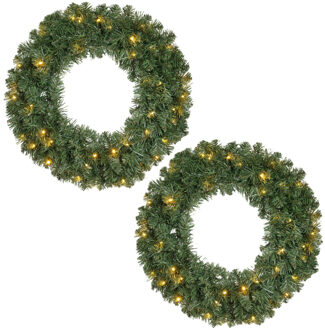 Decoris Kerstkrans - 2x - groen - warm witte verlichting - timer - 60 cm