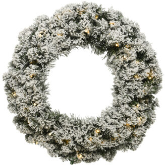 Decoris Kerstkrans/dennenkrans groen met sneeuw en warm witte verlichting met timer 35 cm