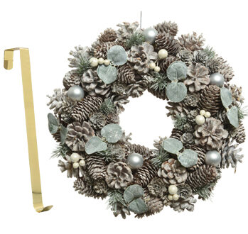 Decoris Kerstkrans gedecoreerd 34 cm kunststof incl. messing deurhanger - Kerstkransen Groen