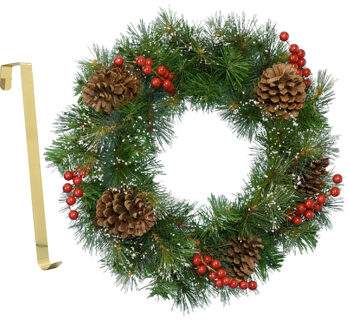 Decoris Kerstkrans gedecoreerd 50 cm kunststof incl. messing deurhanger - Kerstkransen Groen