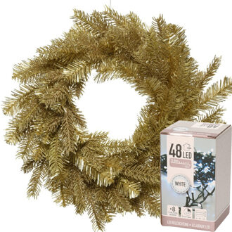 Decoris Kerstkrans goud glitter 50 cm incl. verlichting helder wit 4m - Kerstkransen Goudkleurig