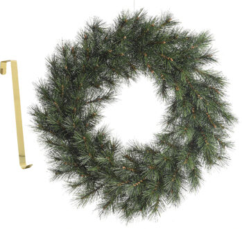 Decoris Kerstkrans groen 60 cm kunststof incl. messing deurhanger - Kerstkransen