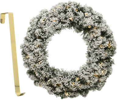 Decoris Kerstkrans groen besneeuwd met licht 35 cm kunststof incl. deurhanger - Kerstkransen