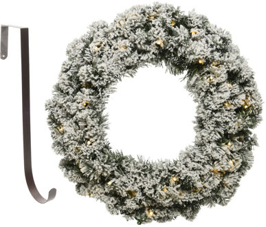 Decoris Kerstkrans groen besneeuwd met licht 35 cm kunststof incl. deurhanger - Kerstkransen