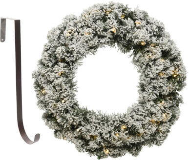 Decoris Kerstkrans groen besneeuwd met licht 35 cm kunststof incl. deurhanger